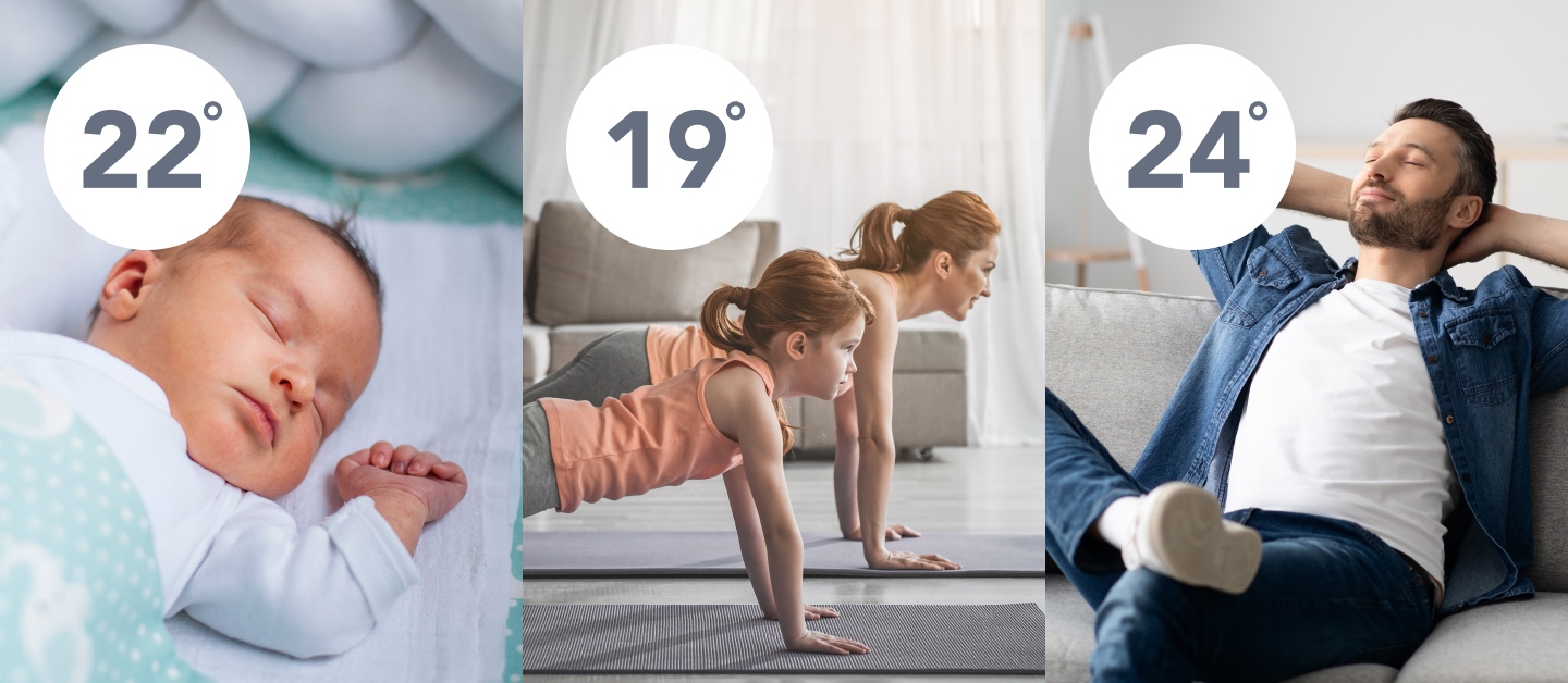 Zoned temperature control for your comfort featuring three scenarios of optimal temperature levels for sleeping baby, exercise class, and relaxing on the couch